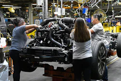 In this Friday, Oct. 27, 2017, photo, workers assemble Ford trucks at the Ford Kentucky Truck Plant, in Louisville, Ky. On Thursday, Feb. 1, 2018, the Institute for Supply Management, a trade group of purchasing managers, issues its index of manufacturing activity for January. (AP Photo/Timothy D. Easley)