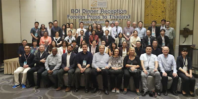 About 50 of the more than 70 press trip editors, along with BOI executives, pose for a group photo at the closing dinner at our Bangkok hotel. IMPO editor Mike Hockett is in the front row, fifth from the left.