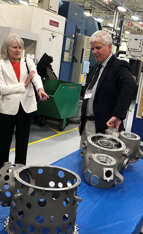 Aero Gear founder Doug Rose guided CT DEDC Commissioner Catherine Smith and other guests through the facility for an up-close look at the new space before viewing demonstrations of various aspects of the gearbox production process. (Photo by Alliances By Alisa Media Relations)
