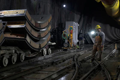 In this Wednesday, May 16, 2018 photo, a tunnel worker uses a flashlight to signal the driver of an underground train engine, in Marlboro, NY. Hard-hat workers are toiling deep underground, 55 stories beneath the Hudson River, to eliminate gushing leaks in an aging tunnel that carries half the city's water supply over 85 miles from Catskill Mountain reservoirs. (AP Photo/Julie Jacobson)