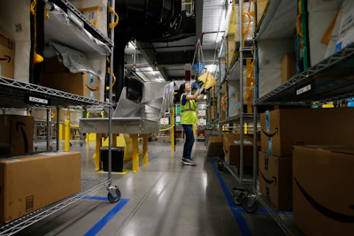 In this Dec. 17 photo, Jocelyn Nieto stows packages into special containers after Amazon robots deliver separated packages by zip code at an Amazon warehouse facility in Goodyear, AZ.