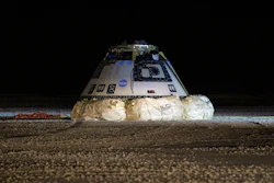 The Boeing Starliner spacecraft is seen after it landed in White Sands, N.M., Sunday, Dec. 22, 2019. Boeing safely landed its crew capsule in the New Mexico desert Sunday after an aborted flight to the International Space Station that threatened to set back the company's effort to launch astronauts for NASA next year.