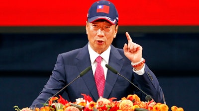 In this Feb. 2, 2019, file photo, Chairman of Hon Hai Precision Industry Co. Ltd., also known as Foxconn, Terry Gou delivers a speech during the company's annual carnival for employees in Taipei, Taiwan. A new audit says Wisconsin's economic development agency needs to modify procedures to ensure tax credits aren't awarded for Foxconn Technology Group employees who don't do work in the state. The nonpartisan Legislative Audit Bureau released its findings Tuesday, Dec. 17, 2019, and it's the second year that the audit has identified this problem.