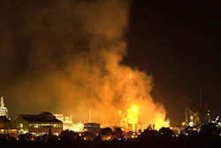 Smoke rises following a big explosion at an industrial hub near the port city of Tarragona, Spain, Tuesday, Jan. 14, 2020. A chemical emergency alert has been activated in northeastern Spain following a big explosion in an industrial zone near the port city of Tarragona, regional emergency services said Tuesday.