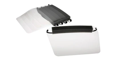 Paulson Manufacturing's disposable infectious disease control (IDC) face shield assembly (aka 'Spit Shield') with elastic attachment and foam forehead cushion. Sold in packs of 5 units.