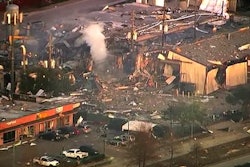 This aerial photo taken from video provided by KTRK-TV shows damage to buildings after an explosion in Houston on Jan. 24. A large explosion left rubble scattered in the area, damaged nearby homes and was felt for miles away. A fire continues to burn and people have been told to avoid the area.