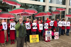 Oregon state Sen. Jeff Golden speaks to demonstrators opposed to a plan to build a natural gas pipeline and marine export terminal in Oregon, at the Department of State Lands in Salem, Ore., Tuesday, Feb. 4, 2020.