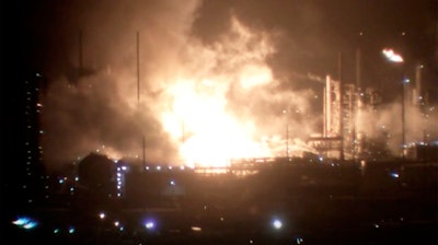 This image provided by WAFB shows a fire inside a refinery early Wednesday, Feb. 12, 2020 in Baton Rouge, La.