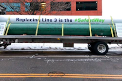 Supporters of Enbridge Energy's proposal to replace its aging Line 3 crude oil pipeline across northern Minnesota parked a truck near the State Capitol in St. Paul, Minn., on Friday, Jan. 31, 2020, carrying pipeline segments signed by people who back the project. They contend that replacing the aging pipeline with new pipe will provide the safest way to carry Line 3's oil from Alberta to Enbridge's terminal in Superior, Wisconsin.