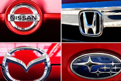 This undated combination of photos shows clockwise from top left the logos for Nissan, Honda, Mazda and Subaru. Sixty-four cars and SUVs sold in the U.S. earned Top Safety Pick awards from the Insurance Institute for Highway Safety. Those with a Top Safety Pick Plus rating are the Honda Insight, Mazda 3 sedan and hatchback, Subaru Crosstrek Hybrid, Mazda 6, Nissan Maxima, Subaru Legacy, the Subaru Outback built after October of last year, and the Toyota Camry.
