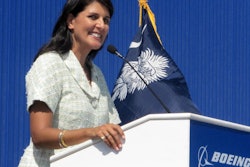 In this June 10, 2011 file photo former South Carolina Gov. Nikki Haley speaks during the dedication of Boeing Co.'s $750 million final assembly plant in North Charleston, S.C.
