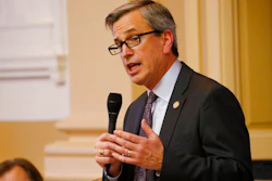Del. Richard 'Rip' Sullivan, D-Arlington, gestures during the House session at the Capitol Thursday, March. 5, 2020, in Richmond, Va. Sullivan is leading the floor debate on the renewable energy bills.
