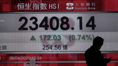 A man wearing face mask walks past a bank electronic board showing the Hong Kong share index in Hong Kong, Monday, April 6, 2020.