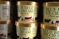 Blue Bell ice cream rests on a grocery store shelf in Lawrence, Kan.