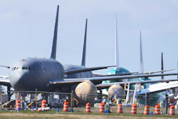 U.S. Air Force KC-46 tankers being built by Boeing sit parked at the Paine Field airport in Everett, Wash.