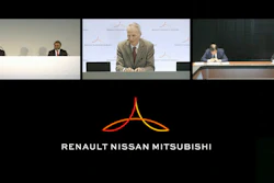 Alliance Operating Board Chairman Jean-Dominique Senard, center, Nissan Chief Executive Makoto Uchida, left, and Mitsubishi Motors Chairman, Osamu Masuko, second right, listen to a reporter's question during an online news conference.