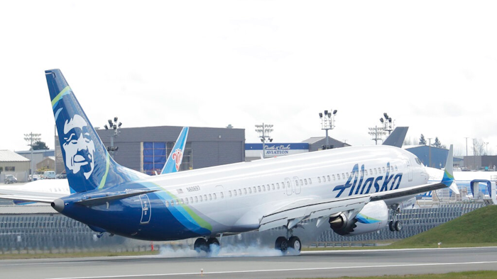 In a Monday, March 23, 2020 file photo, an Alaska Airlines Boeing 737-9 Max lands at Paine Field near Boeing's manufacturing facility in Everett, Wash., north of Seattle. U.S. regulators are requiring inspections and possible repairs to engine coverings of all Boeing 737 Max jets. That's because of a problem that regulators say could lead to loss of engine power. The problem isn't related to a system suspected in two deadly crashes involving Max planes, but it's another blow to the company's safety reputation.