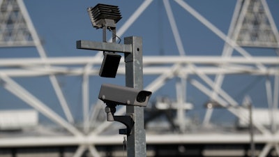 Security CCTV camera by the Olympic Stadium, Olympic Park, London, March 28, 2012.