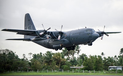 A RNZAF C-130 Hercules takes off from Nausori Airport.