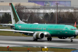 A Boeing 737 Max being built for Norwegian Air International taxis for a test flight.