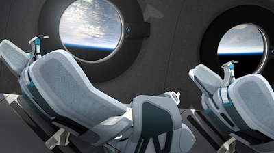The interior of Virgin Galactic's SpaceshipTwo Cabin during a flight.