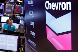 Chevron logo above a trading post on the floor of the New York Stock Exchange, Oct. 8, 2019.