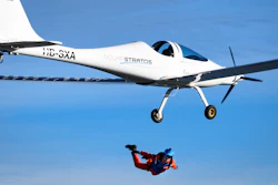 Swiss adventurer Raphael Domjan jumps from the SolarStratos solar powered aircraft prototype.