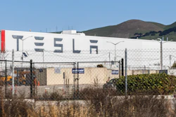 Exterior view of the Tesla factory in Fremont, California.
