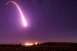 This image taken with a slow shutter speed on Oct. 2, 2019, and provided by the U.S. Air Force shows an unarmed Minuteman 3 intercontinental ballistic missile test launch at Vandenberg Air Force Base, Calif. The Pentagon has raised to $95.8 billion the estimated cost of fielding a new fleet of land-based nuclear missiles to replace the Minuteman 3.