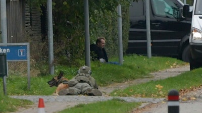 A police office watches Peter Madsen as he sits on the side of a road after being apprehended following a failed escape attempt.