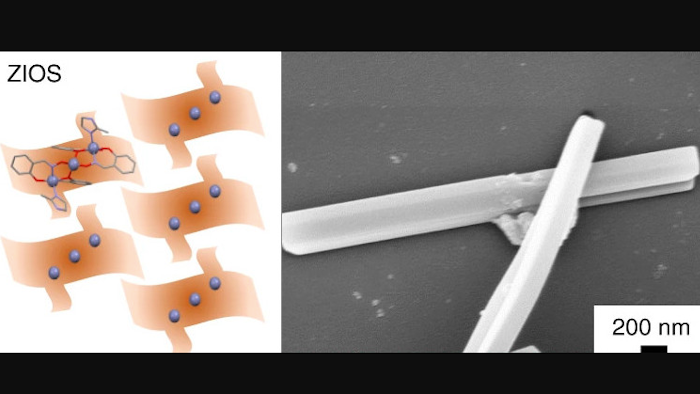 Schematic diagram of a ZIOS network (left), and a scanning electron microscopy image of a ZIOS-copper sample on a silicon wafer.