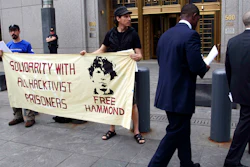 Protesters stand in front of the federal courthouse during the arraignment of hacker Jeremy Hammond, New York, May 14, 2012.