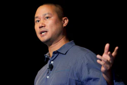 Tony Hsieh speaks during a Grand Rapids Economic Club luncheon in Grand Rapids, Mich.