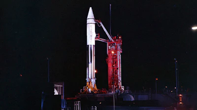 This Sept. 20, 1966 photo provided by the San Diego Air and Space Museum shows an Atlas Centaur 7 rocket on the launchpad at Cape Canaveral, Fla. A mysterious object temporarily orbiting Earth is the Centaur upper stage of this 54-year-old rocket, not an asteroid after all, astronomers confirmed Wednesday, Dec. 2, 2020. Observations by a telescope in Hawaii clinched its identity, according to NASA's Jet Propulsion Laboratory in Pasadena, California.