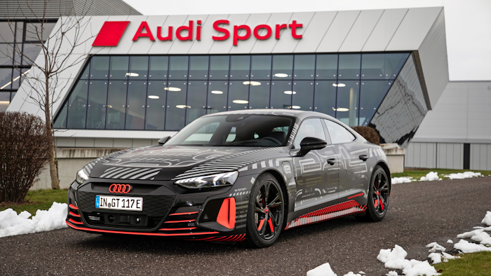 This photo provided by Audi shows the Audi e-tron GT prototype, a fully electric sport sedan that promises equal parts speed and long-distance comfort.
