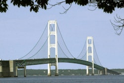 The Mackinac Bridge seen from Mackinaw City, Mich., July 19, 2002.