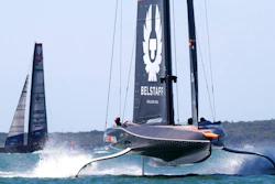 Ineos Team UK, right, leads American Magic during the Prada Cup challengers series on Auckland's Waitemate Harbour, New Zealand, Jan. 15, 2021.
