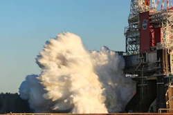 The core stage for the first flight of NASA's Space Launch System rocket undergoes a hot fire test at the Stennis Space Center near Bay St. Louis, Miss., Jan. 16, 2021.
