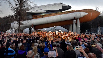 Then-presidential candidate Sen. Marco Rubio in front of the Space Shuttle Pathfinder exhibit, U.S. Space & Rocket Center, Huntsville, Ala., Feb. 27, 2016.