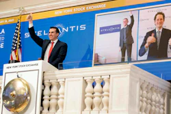 In this photo provided by the New York Stock Exchange, NYSE Vice Chairman John Tuttle, left, Stellantis CEO Carlos Taveras, center, and Chariman John Elkann, right, virtually ring the NYSE opening bell.