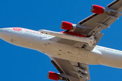 Virgin Orbit Boeing 747-400 rocket launch platform, named Cosmic Girl, takes off from Mojave Air and Space Port, Mojave (MHV) on its second orbital launch demonstration in the Mojave Desert, north of Los Angeles.
