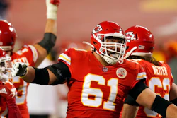 Kansas City Chiefs guard Stefen Wisniewski celebrates at the end of the AFC championship game against the Buffalo Bills, Jan. 24, 2021, Kansas City, Mo.
