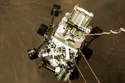The Perseverance rover lowered towards the surface of Mars during its powered descent, Feb. 18, 2021.