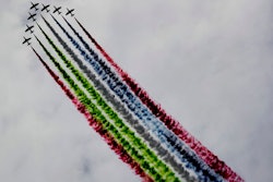 Al Fursan, or the Knights, a UAE Air Force aerobatic display team, perform during the opening day of the International Defence Exhibition & Conference, IDEX, in Abu Dhabi, Feb. 21, 2021.