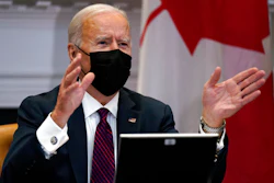 President Joe Biden holds a virtual bilateral meeting with Canadian Prime Minister Justin Trudeau, in the Roosevelt Room of the White House on Feb. 23 in Washington.