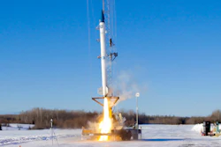 This image provided by bluShift Aerospace shows an unmanned rocket lifting off in a test run in Limestone, Maine. It was the first commercial rocket launch in Maine history.