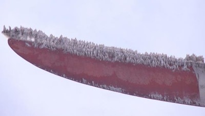 This drone photo from a field study of icing on wind turbines shows how ice accumulated at the tip of a turbine blade during a winter storm.