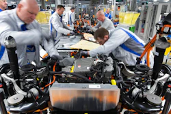 Workers complete a Volkswagen ID.3 body on the assembly line in Zwickau, Germany, Feb. 25, 2020.