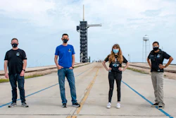 Chris Sembroski, from left, Jared Isaacman, Hayley Arceneaux and Sian Proctor at the SpaceX launch pad, Kennedy Space Center, Cape Canaveral, Fla., March 29, 2021.