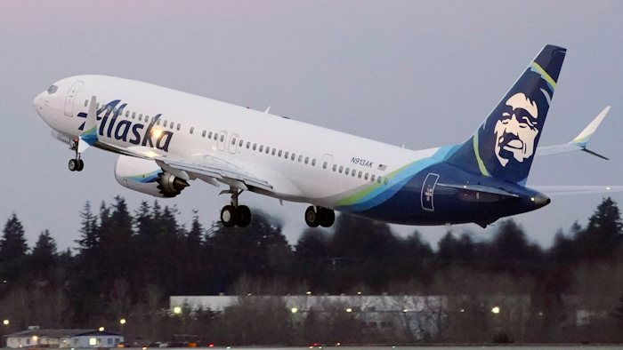 The first Alaska Airlines passenger flight on a Boeing 737-9 Max airplane takes off from Seattle-Tacoma International Airport in Seattle.